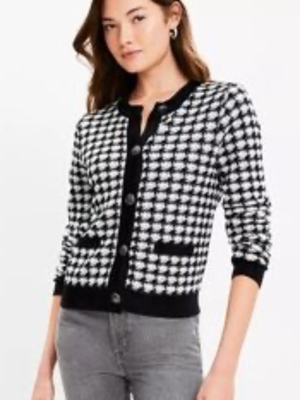 LOFT Black & White Houndstooth Long Sleeve Cardigan Sweater Size XS